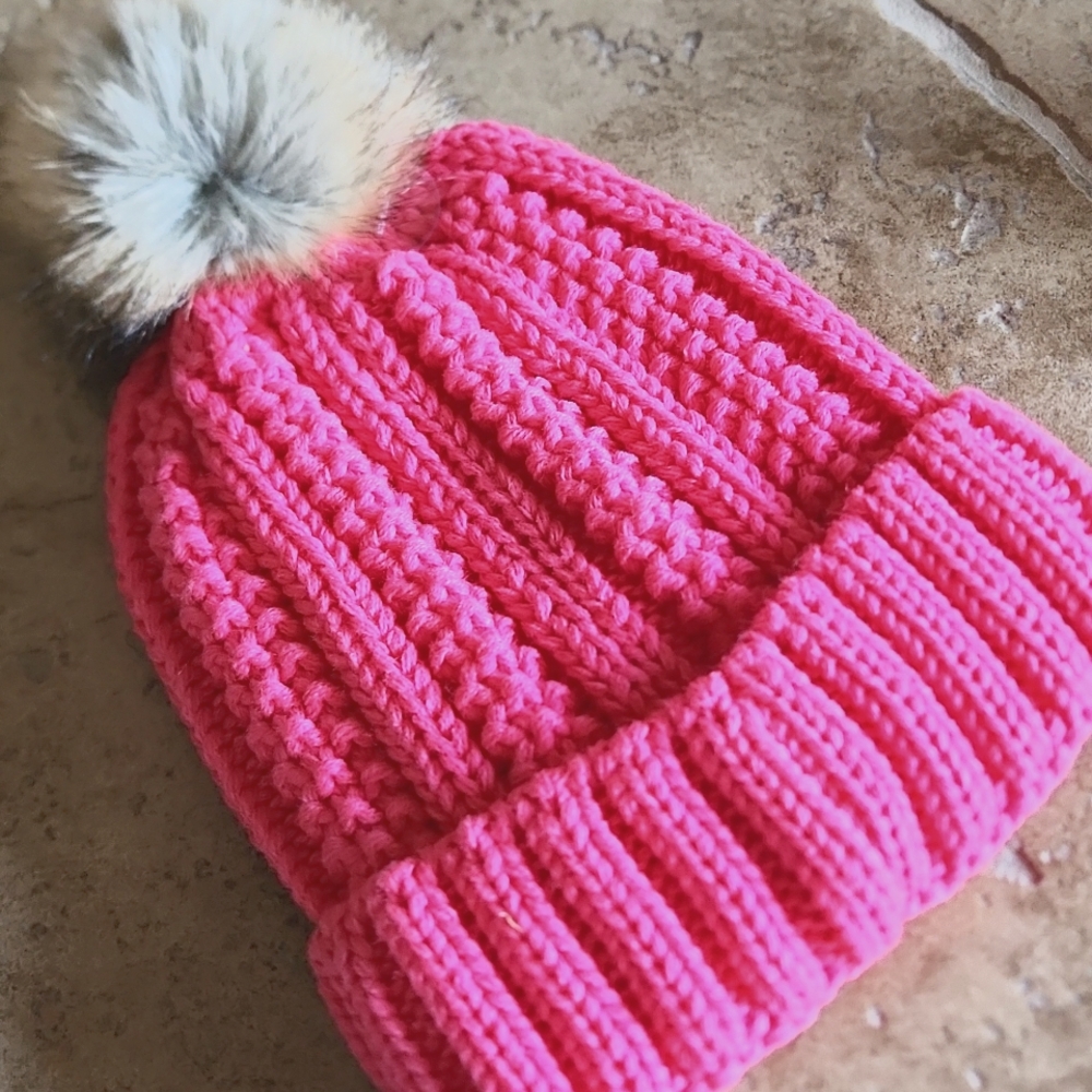 NWOT C.C. kids pink knit hat with pom pom top - Picture 4 of 6
